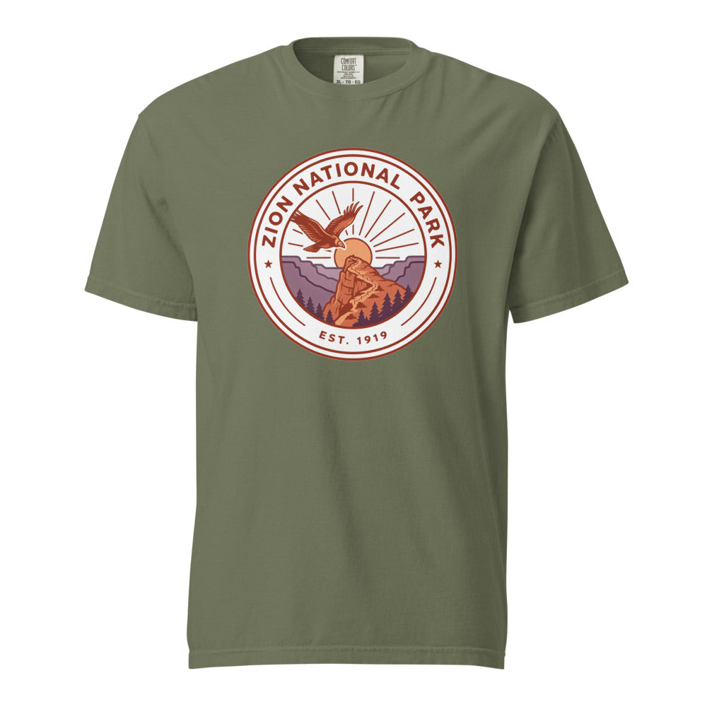 Zion National Park WPA-style badge t-shirt in moss green, front flat view