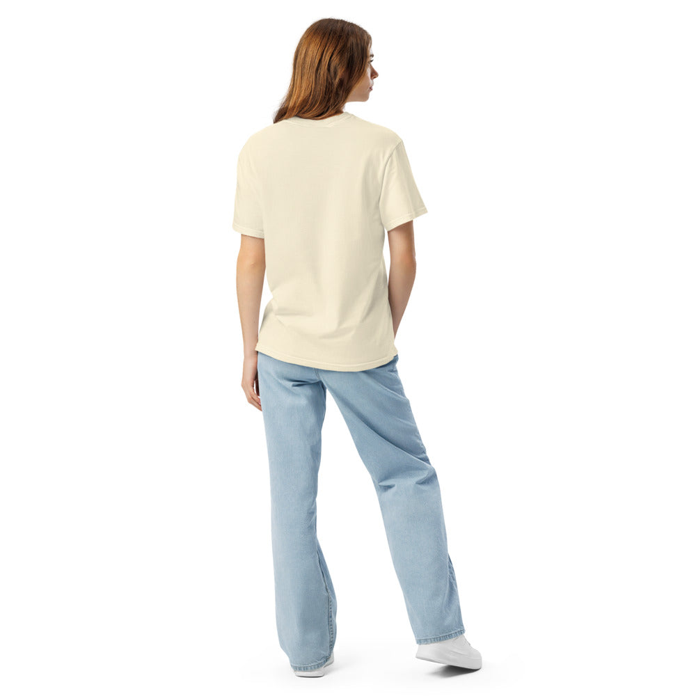 Zion National Park WPA-style badge t-shirt worn on model, ivory, back view