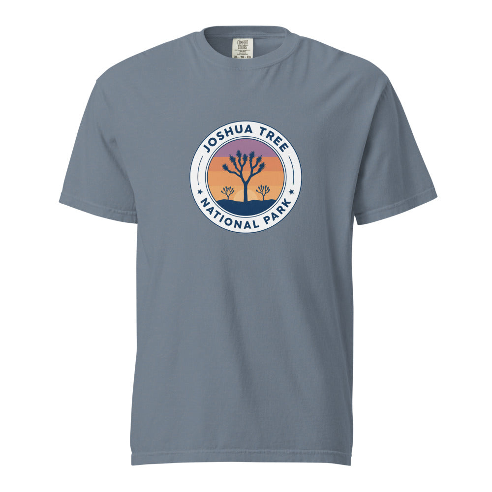Joshua Tree National Park WPA-style badge t-shirt in blue jean, front flat view