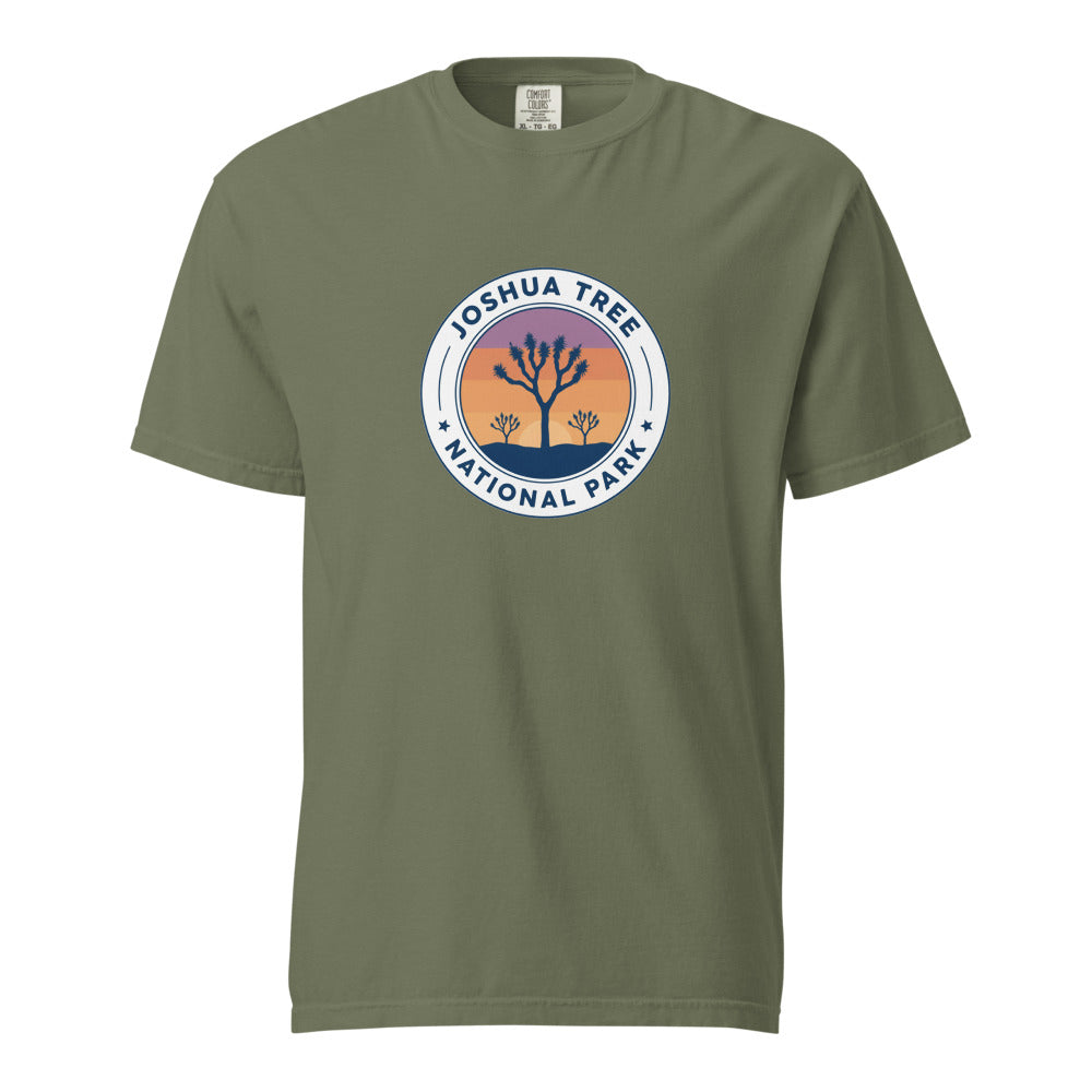 Joshua Tree National Park WPA-style badge t-shirt in moss green, front flat view