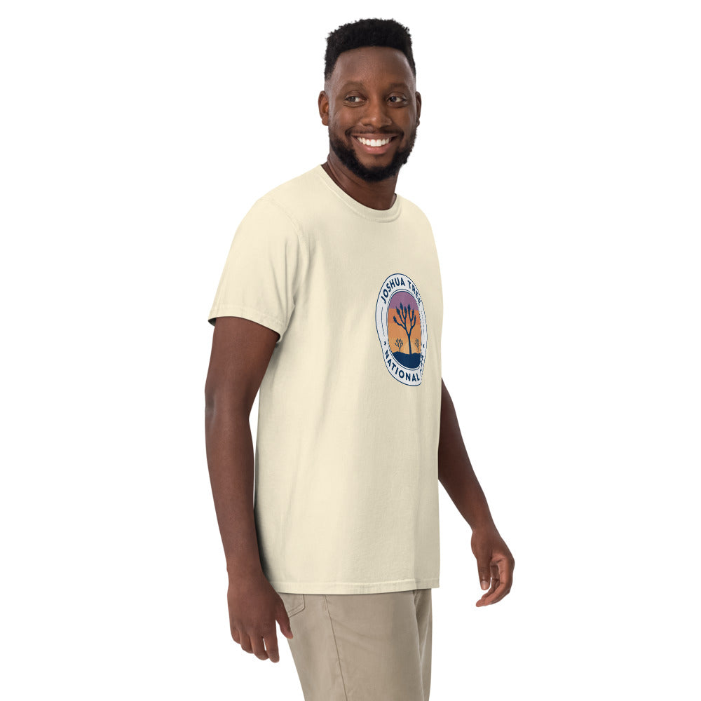 Joshua Tree National Park WPA-style badge t-shirt worn on model, ivory, front view
