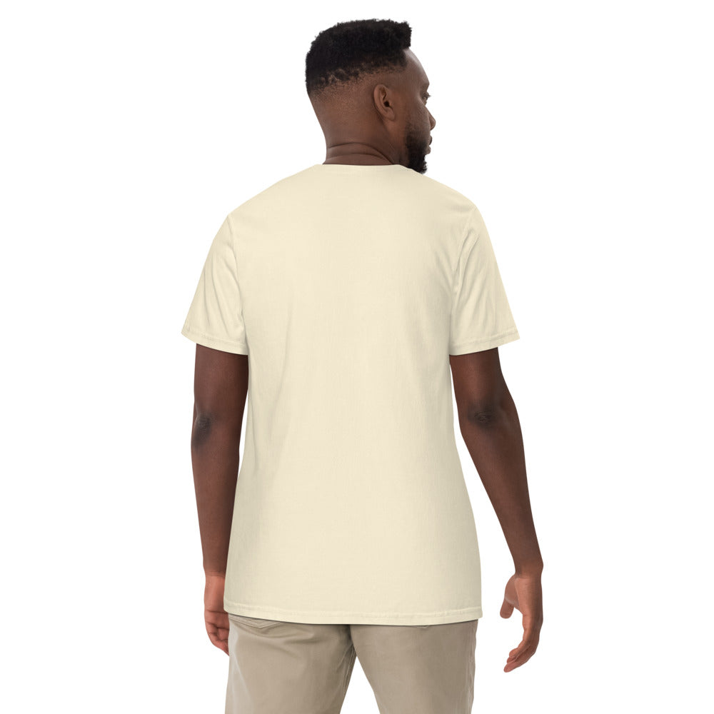 Joshua Tree National Park WPA-style badge t-shirt worn on model, ivory, alternate front angle