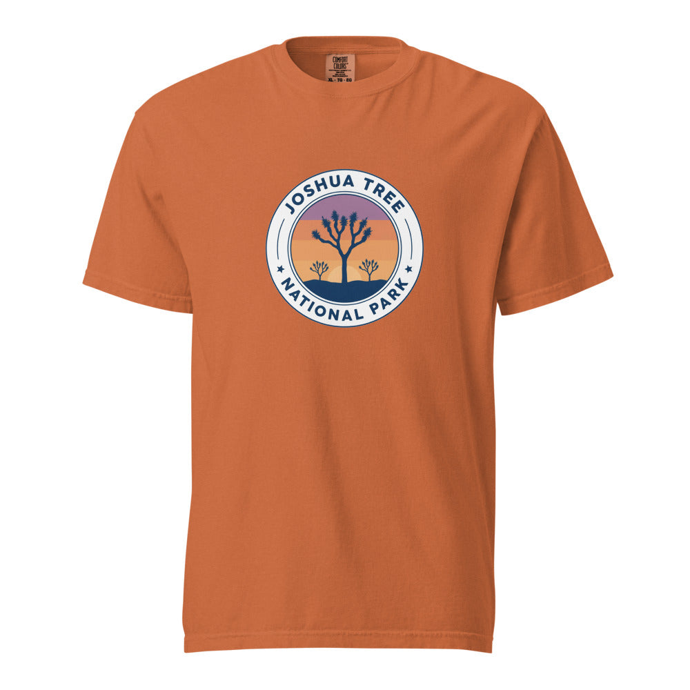 Joshua Tree National Park WPA-style badge t-shirt in yam orange, front flat view