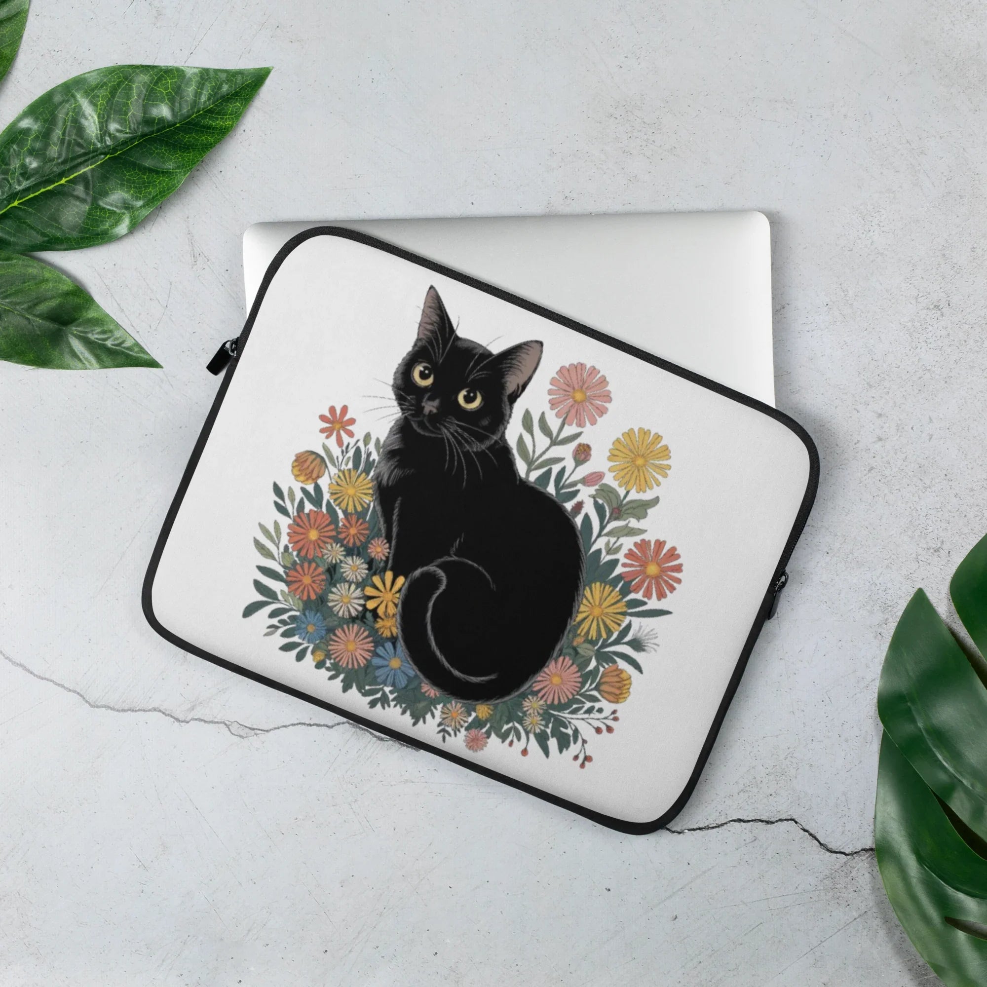 Black Cat Floral Laptop Sleeve – Cute Protective Cover - RaZits