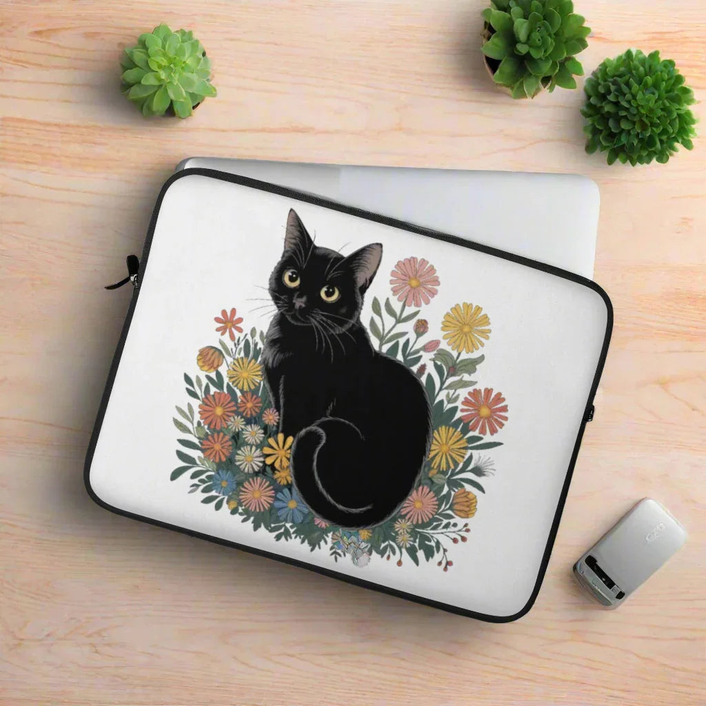 Black Cat Floral Laptop Sleeve – Cute Protective Cover - RaZits