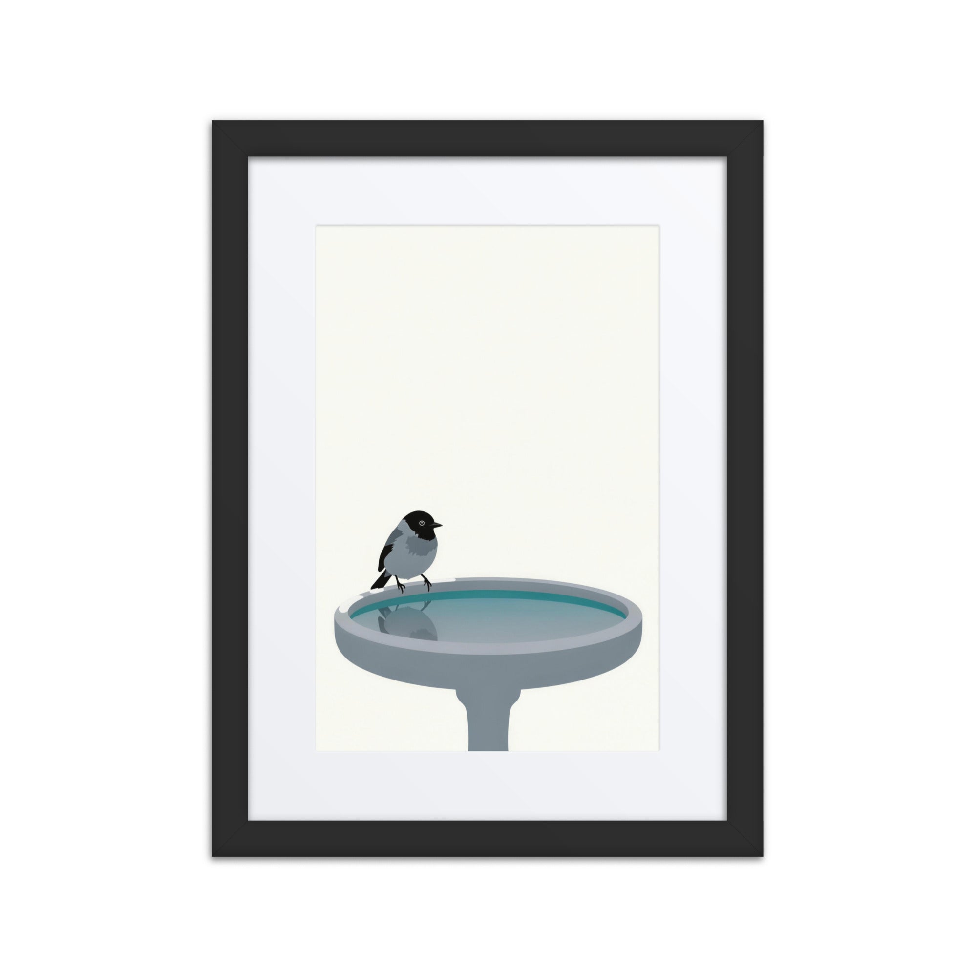 Still Water, Two Skies framed birdbath wall art, 12x16 black frame with white mat: a small gray songbird on the rim of a birdbath and its soft reflection in the still water