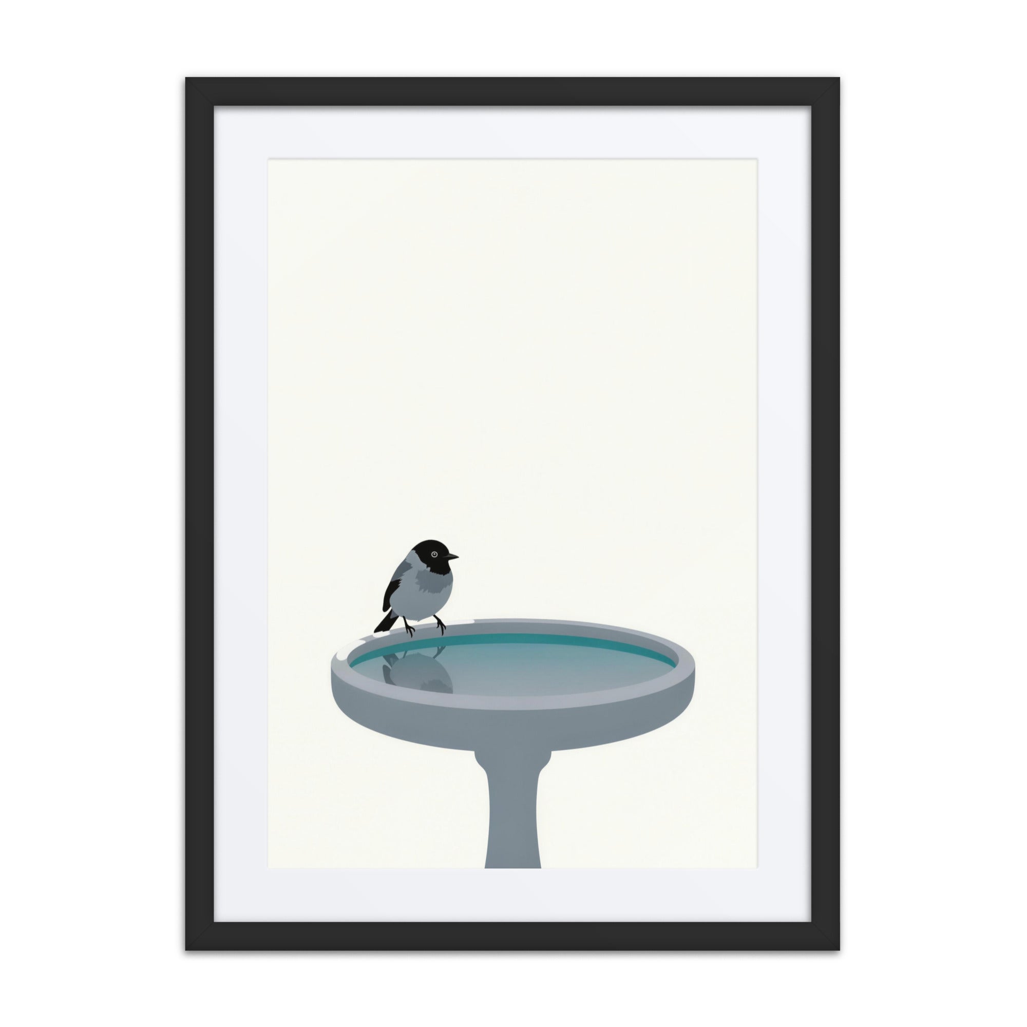 Still Water, Two Skies framed birdbath wall art in the 18x24 black frame with white mat