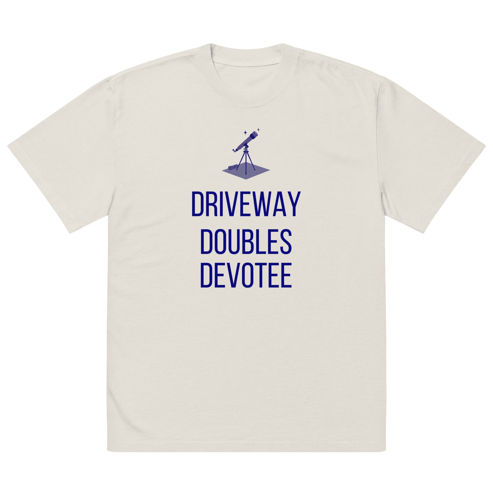 Flat front of the Faded Bone Driveway Doubles Devotee telescope shirt showing the full print