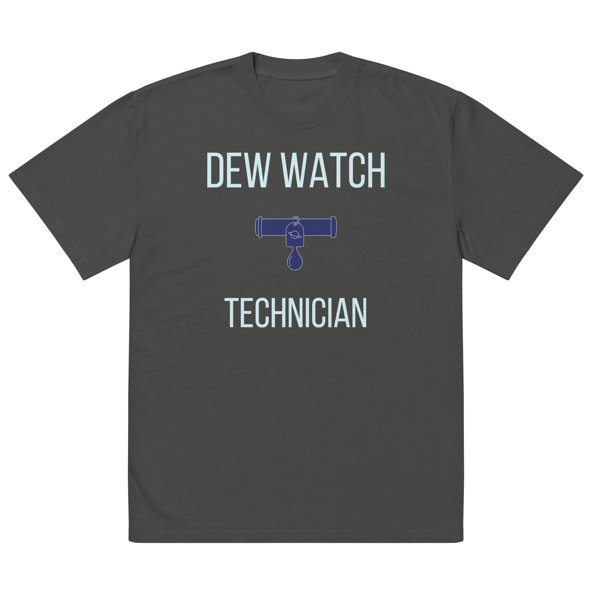 Flat front of the Faded Coal Dew Watch Technician tee showing the full print