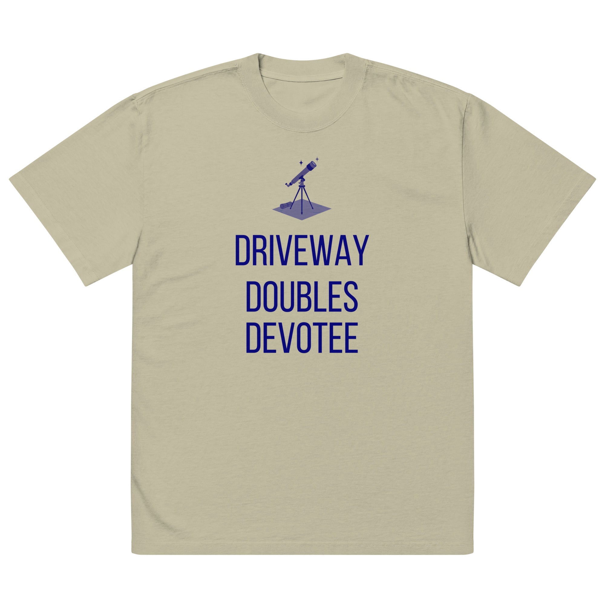 Flat front of the Faded Eucalyptus Driveway Doubles Devotee telescope shirt showing the full print