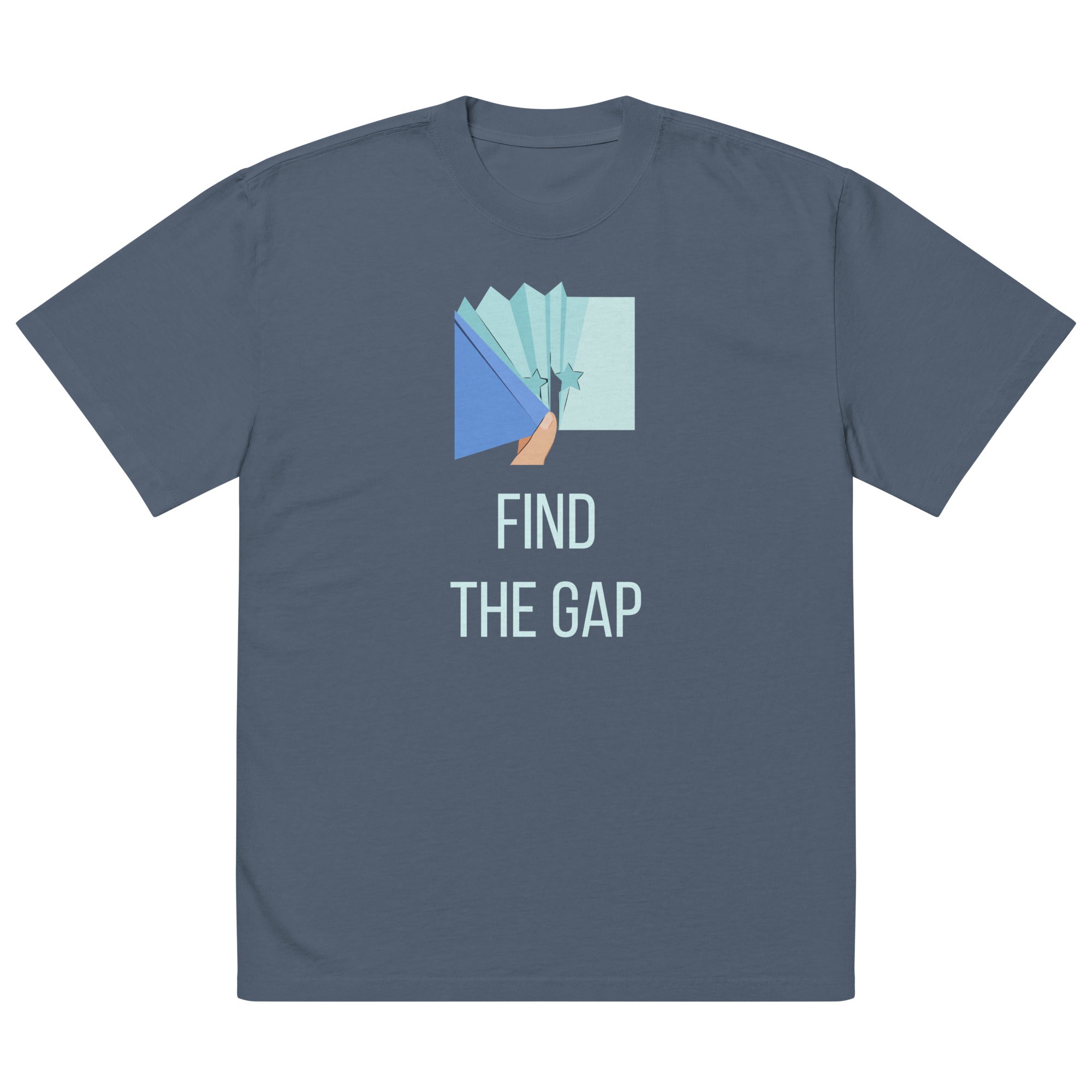 Flat front of the Faded Indigo Find the Gap tee showing the full print
