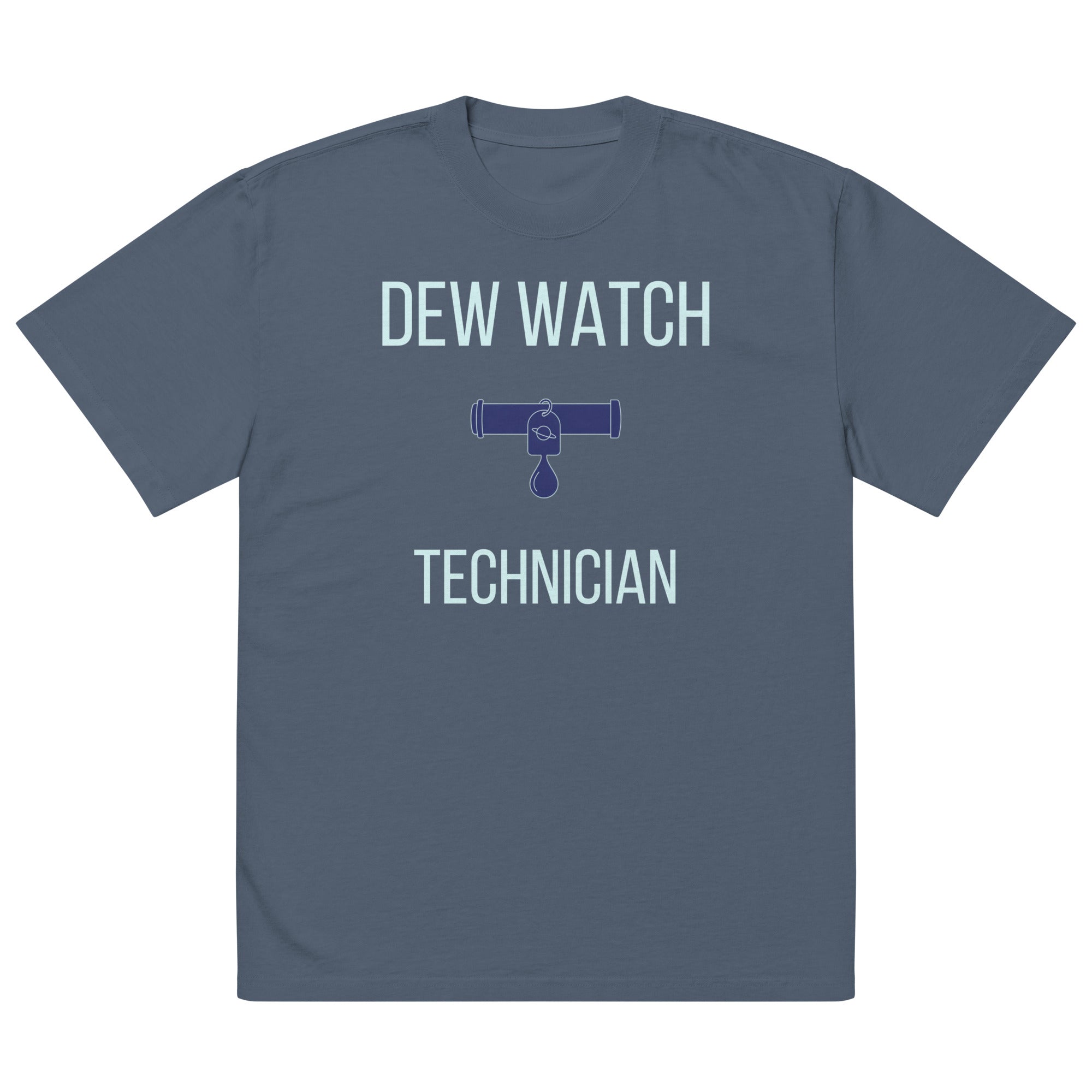 Flat front of the Faded Indigo Dew Watch Technician tee showing the full print