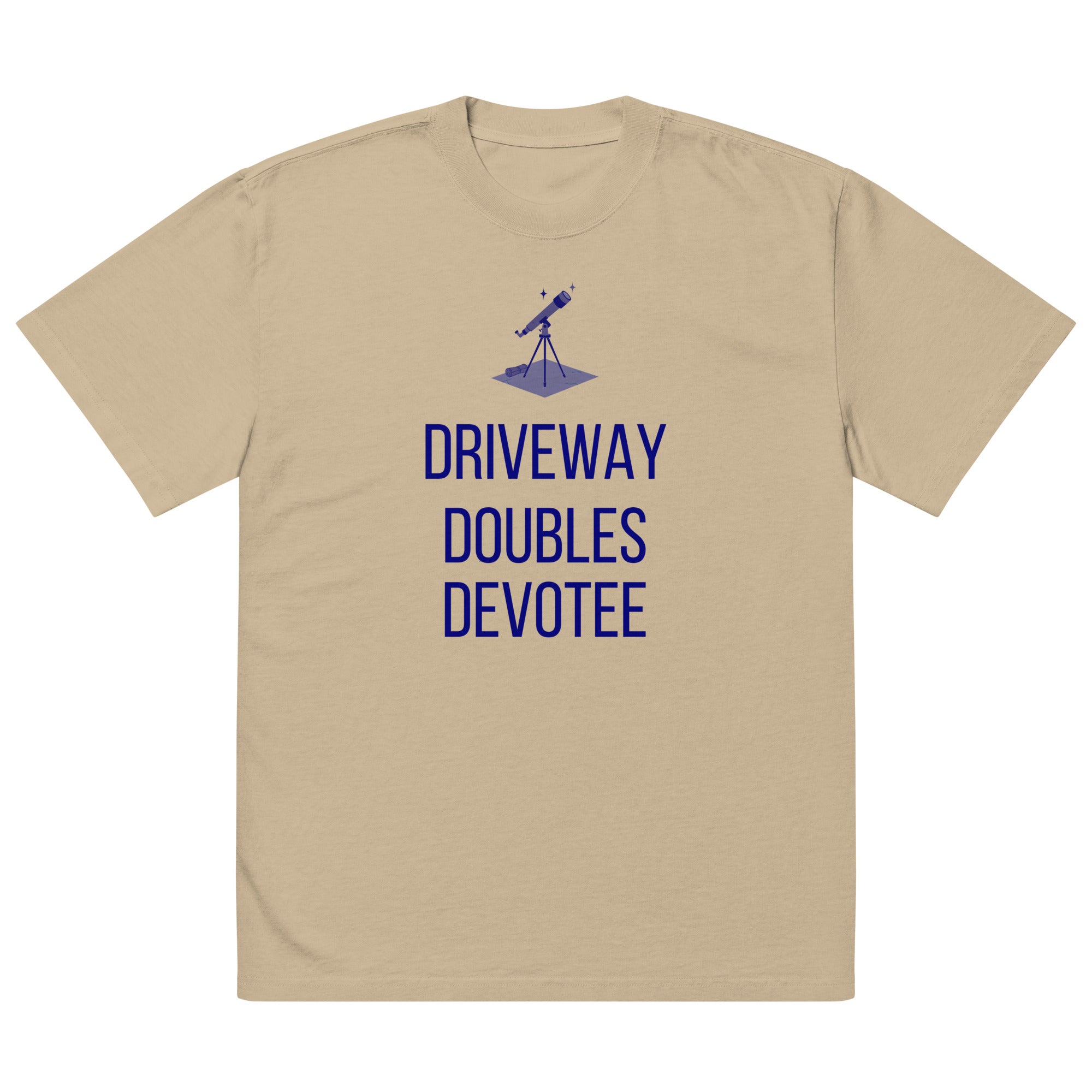 Flat front of the Faded Khaki Driveway Doubles Devotee telescope shirt showing the full print