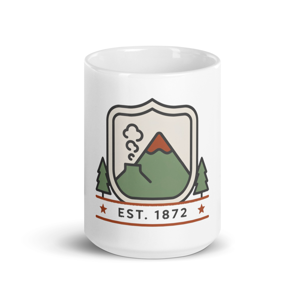 15 oz version of the Est. 1872 national park badge coffee mug in glossy white ceramic