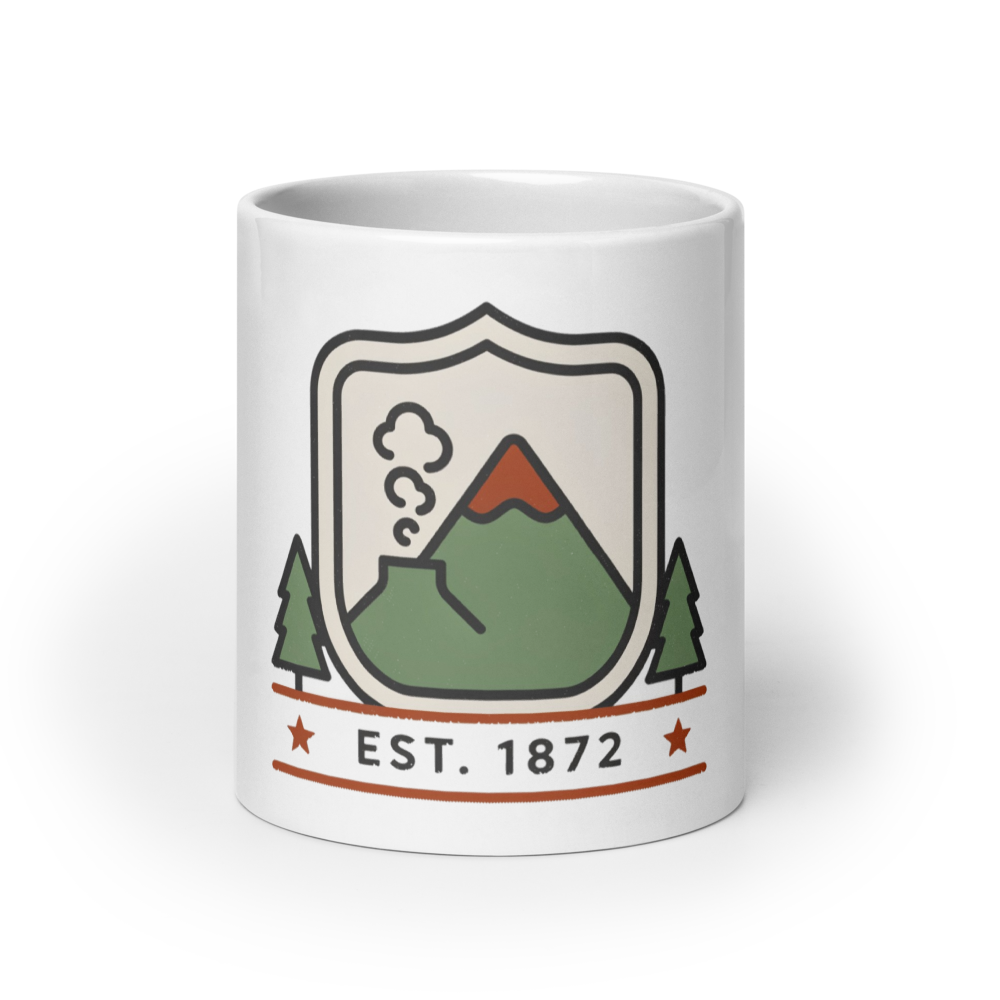 20 oz version of the Est. 1872 national park badge coffee mug in glossy white ceramic