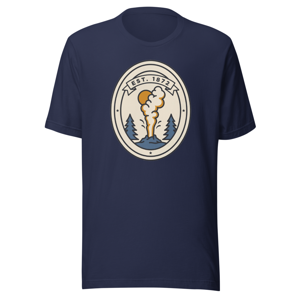 Navy unisex t-shirt with the Est. 1872 geyser badge graphic in cream, blue and amber