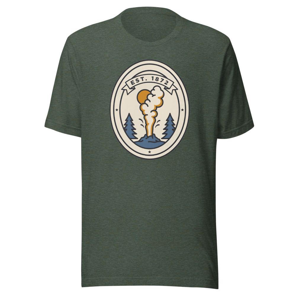 Heather forest green unisex t-shirt with the Est. 1872 national park geyser badge printed across the chest