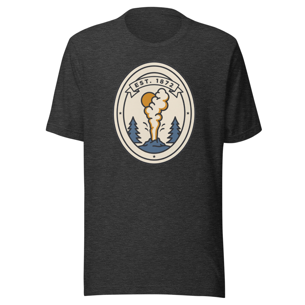 Dark grey heather unisex t-shirt with the Est. 1872 national park geyser badge printed across the chest