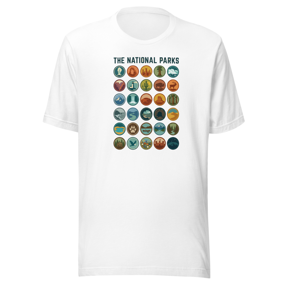 White unisex t-shirt with the thirty-badge national parks grid graphic in muted earth tones, deep teal and rust