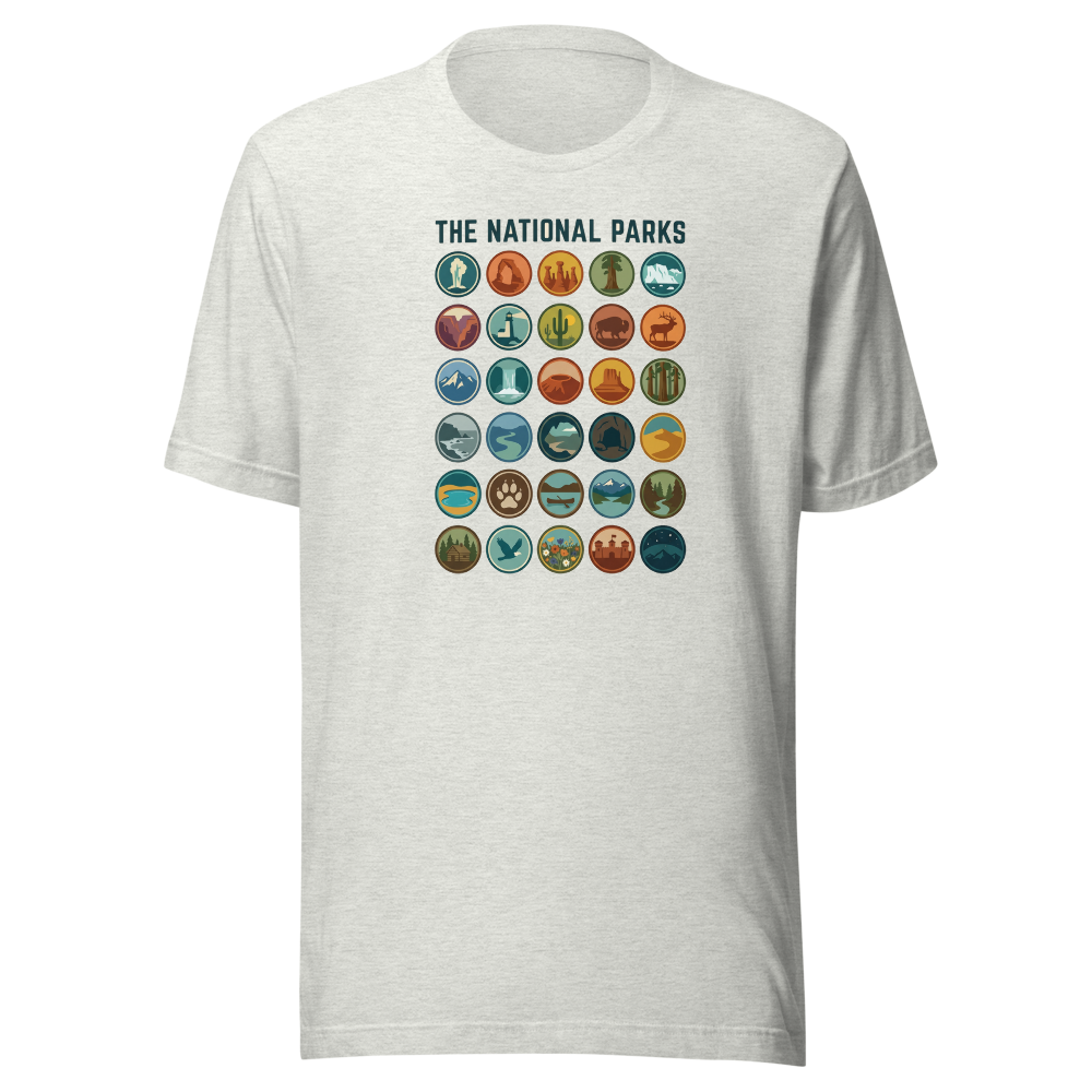 Ash grey unisex t-shirt with the vintage national parks badge grid printed full front