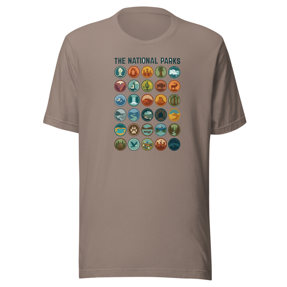 Pebble warm grey unisex t-shirt with the vintage national parks badge grid printed full front