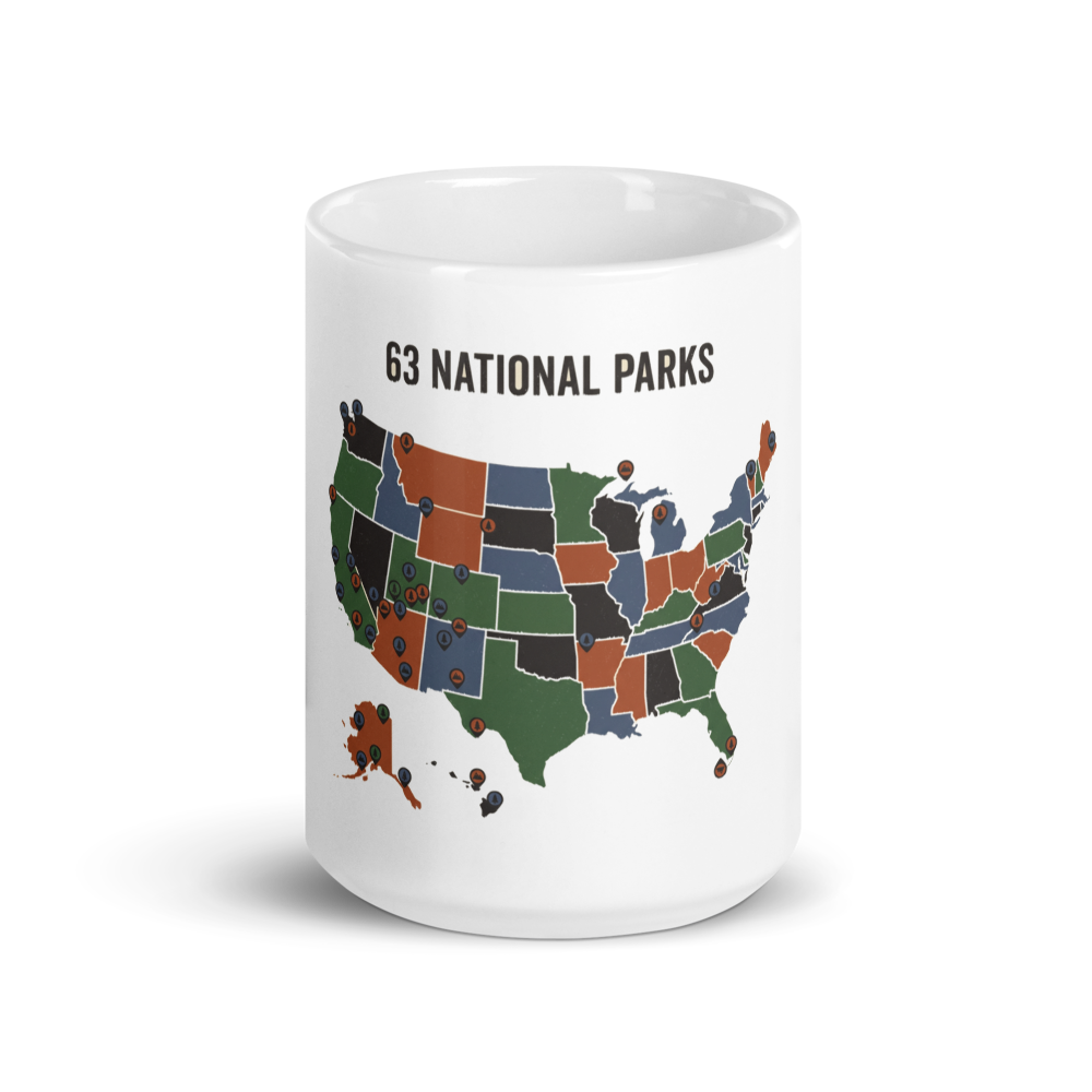 15 oz version of the vintage national parks map coffee mug in glossy white ceramic