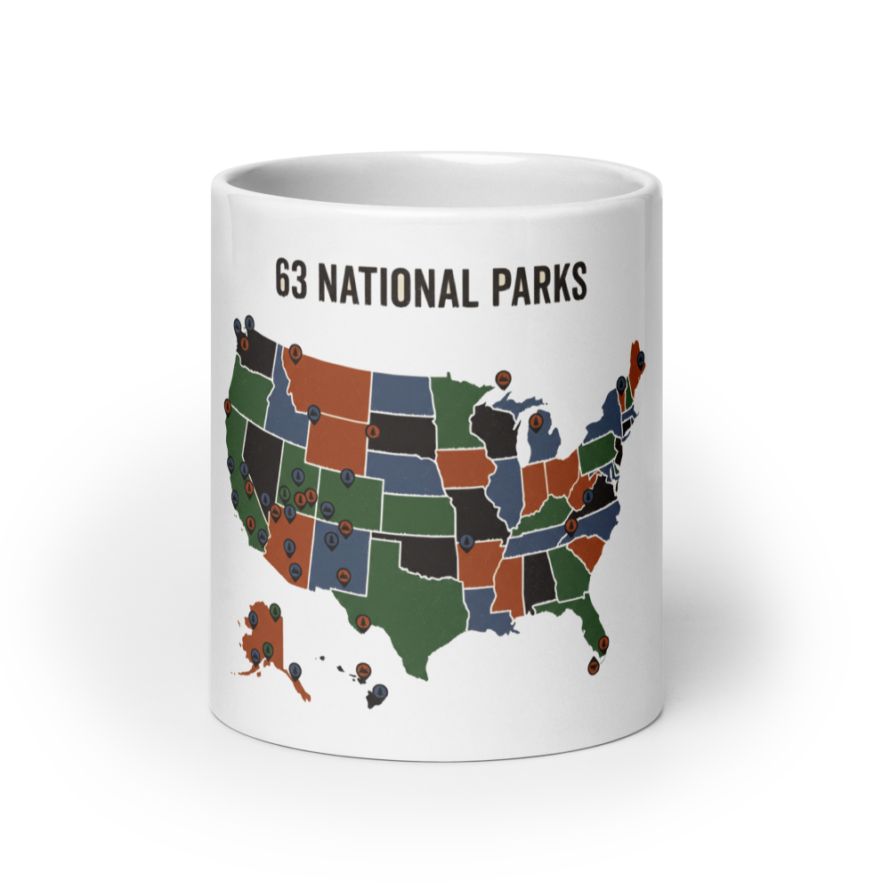 20 oz version of the vintage national parks map coffee mug in glossy white ceramic