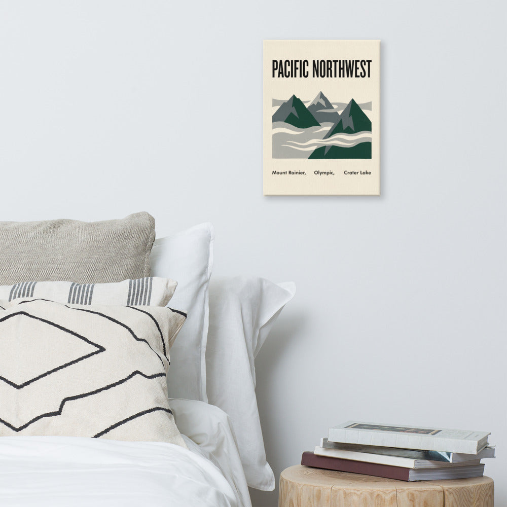 Mount Rainier, Olympic and Crater Lake canvas print on a bedroom wall above a nightstand, 12x16 inch size