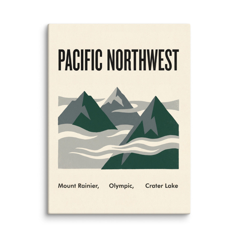 Pacific Northwest national parks canvas wall art print showing Mount Rainier, Olympic and Crater Lake, 12x16 inch gallery-wrapped canvas front view