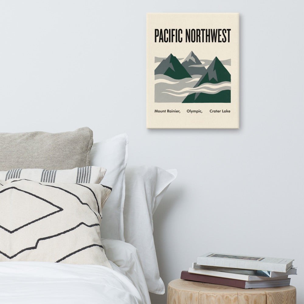 Pacific Northwest national parks canvas wall art hung above a bed, 16x20 inch gallery-wrapped canvas in a neutral bedroom