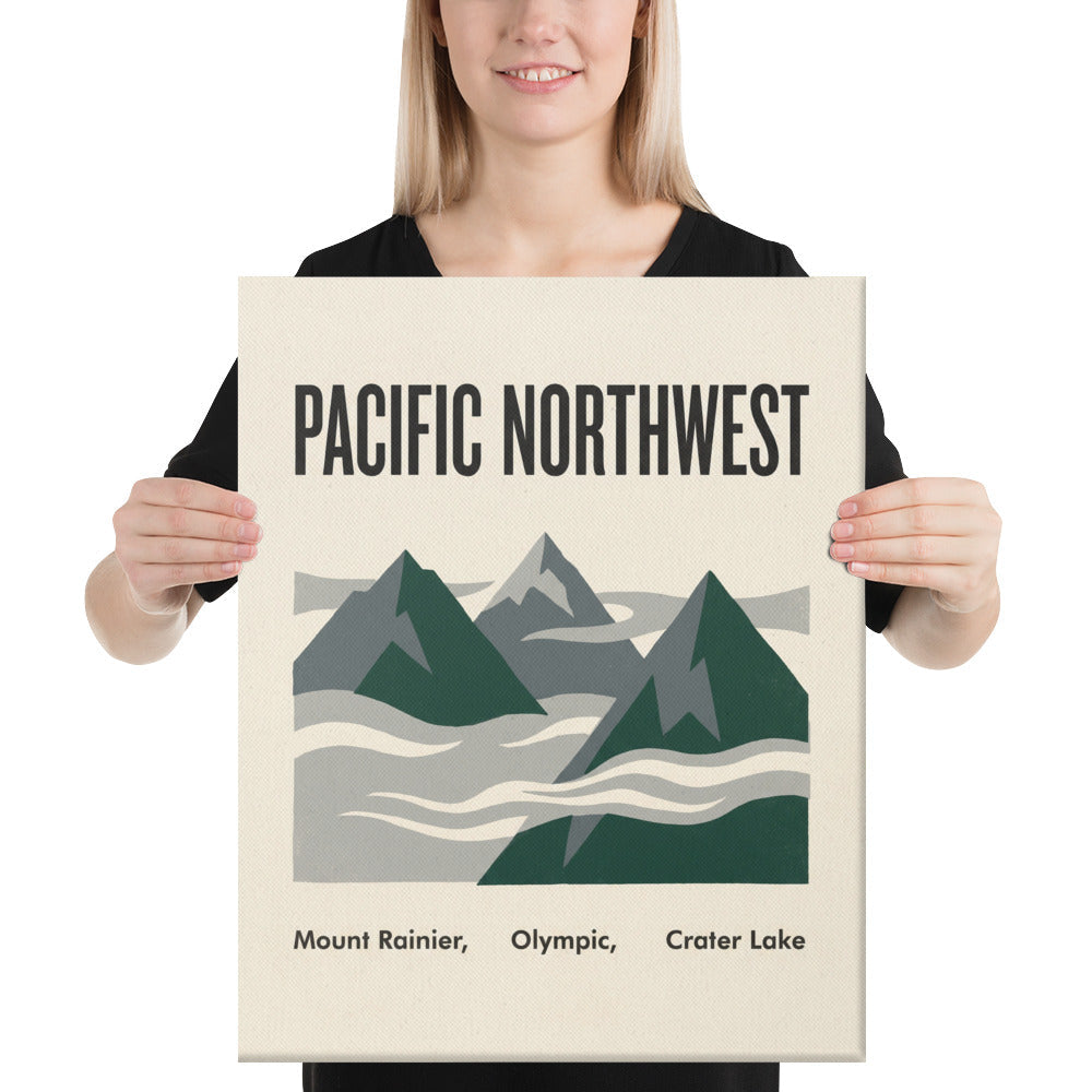 Person holding the 16x20 inch Pacific Northwest national parks canvas print to show its scale