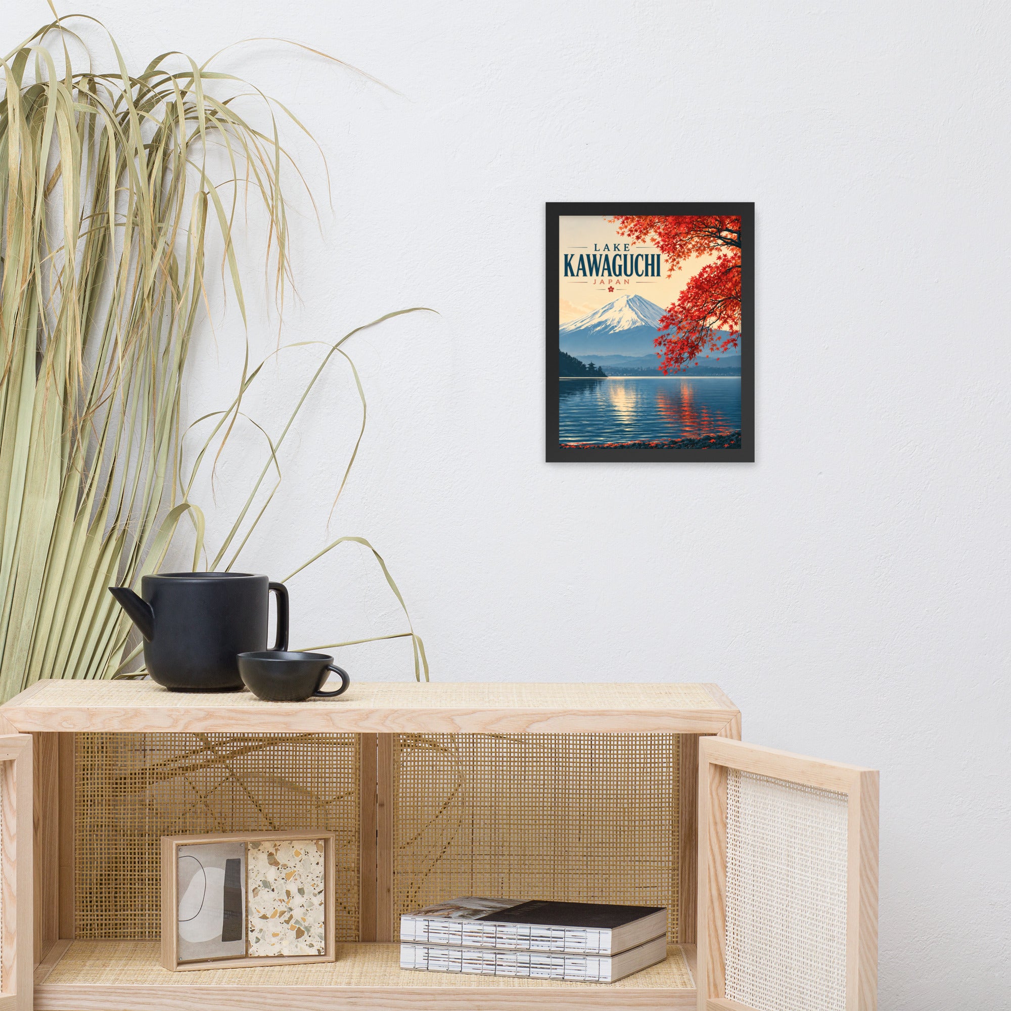 Framed Mount Fuji poster, 11″ × 14″ in black: Lake Kawaguchi with a red maple bough, a pagoda and KAWAGUCHI lettering
