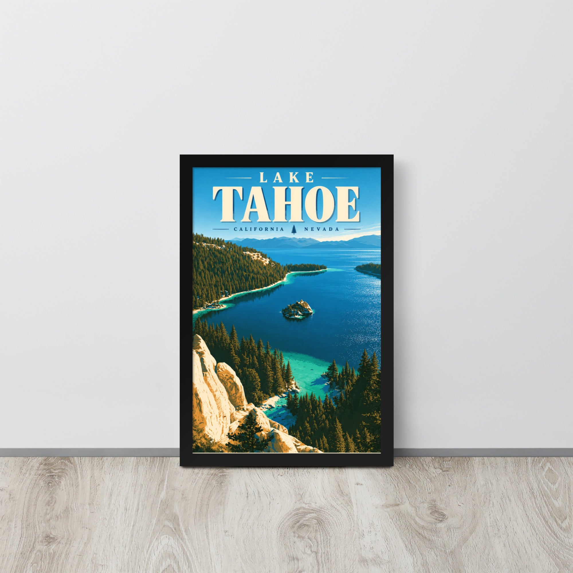 Lake Tahoe wall art: 12x18 black-framed poster of Emerald Bay and Fannette Island with LAKE TAHOE lettering