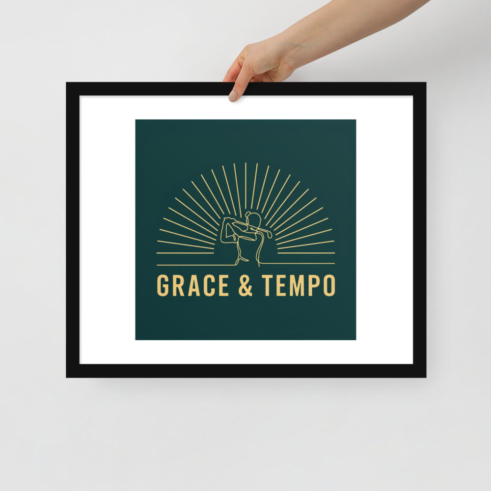 The Swing Grace and Tempo framed golf print above a console table, art deco sunburst arcs behind a continuous gold swing line