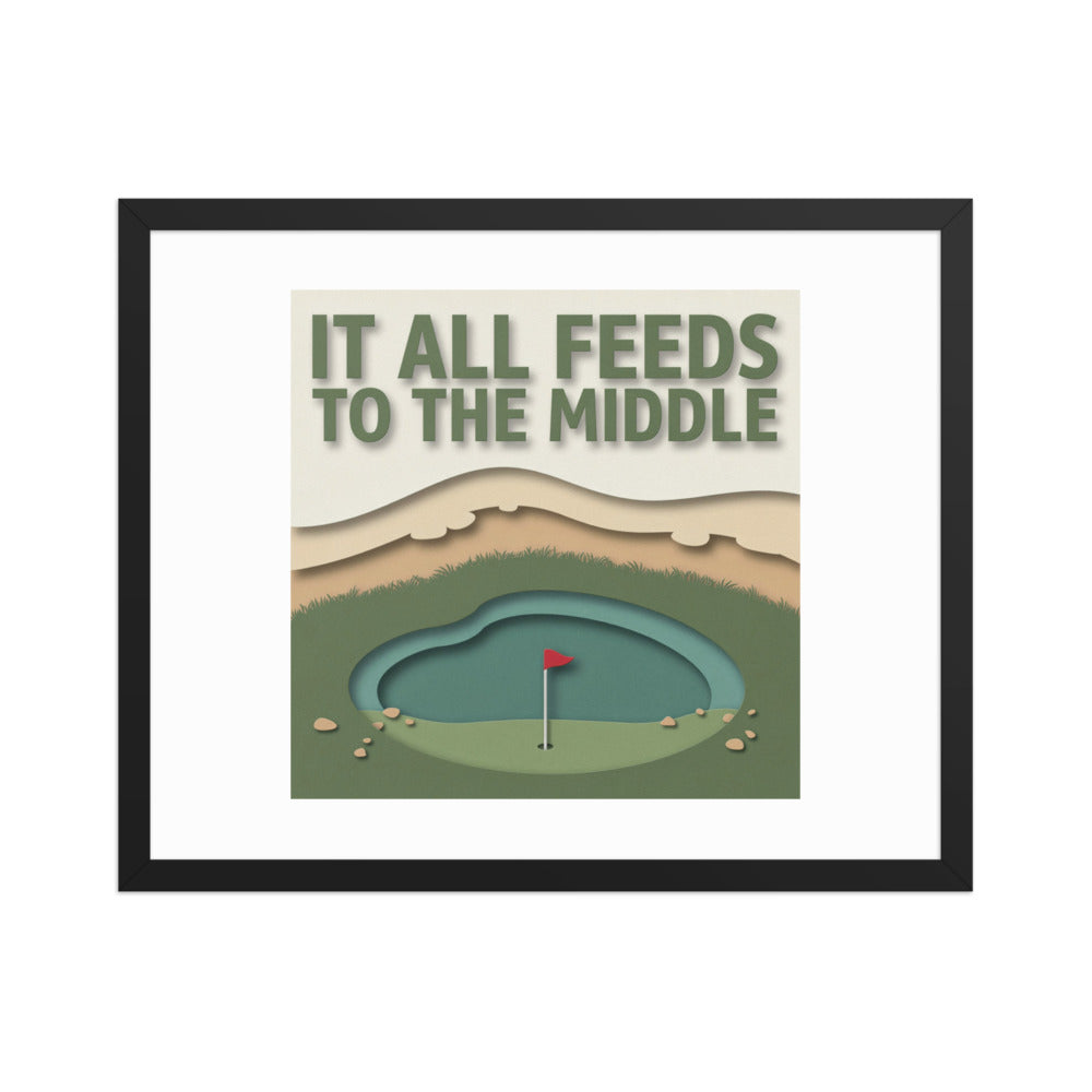 The Punchbowl layered paper-cut golf green framed poster in a black wood frame, flat front view
