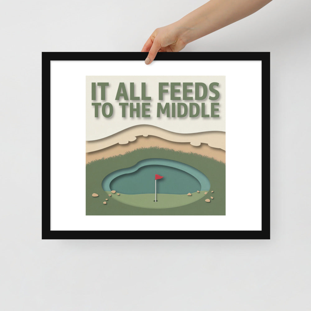The Punchbowl golf course architecture framed print hanging above a console table in a styled living room