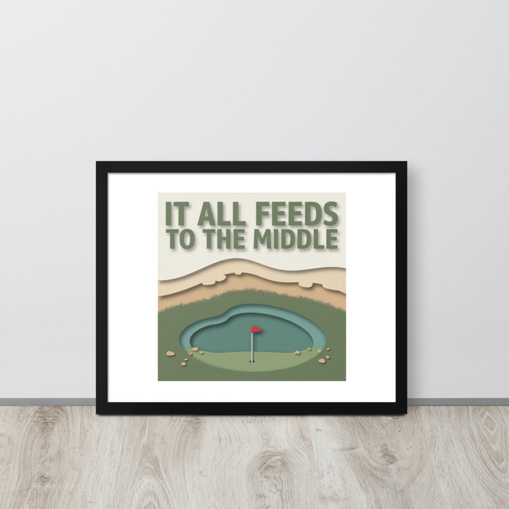 The Punchbowl golf green cross-section framed wall art in a neutral interior, angled room view