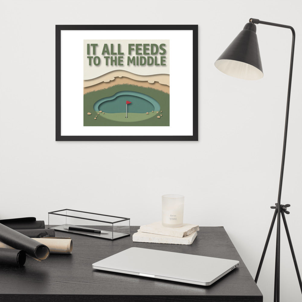 The Punchbowl sage and sand paper-cut golf print framed in black, displayed on a home office wall