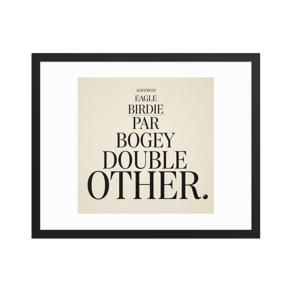 The Score Ladder golf scoring typography framed poster in a black wood frame, flat front view