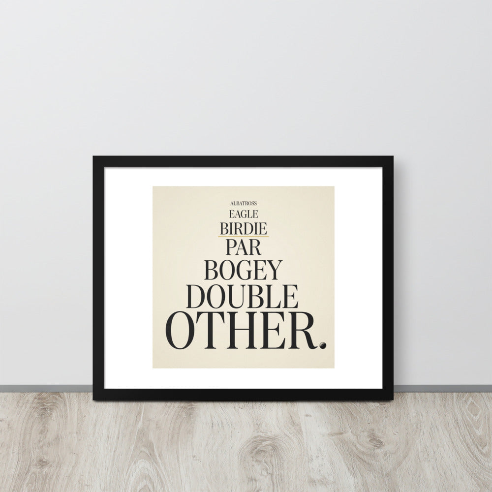 The Score Ladder ivory and ink golf typography print framed in black, angled room view