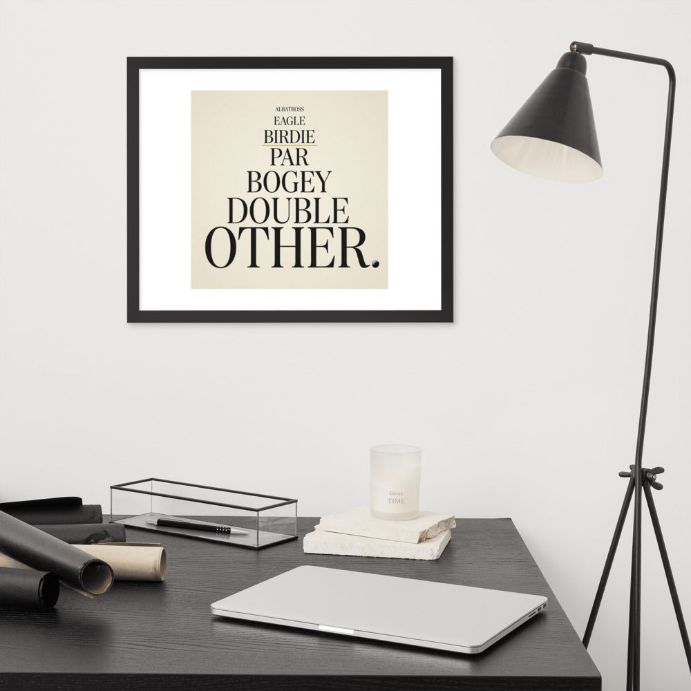 The Score Ladder framed golf poster displayed on a home office wall above a desk
