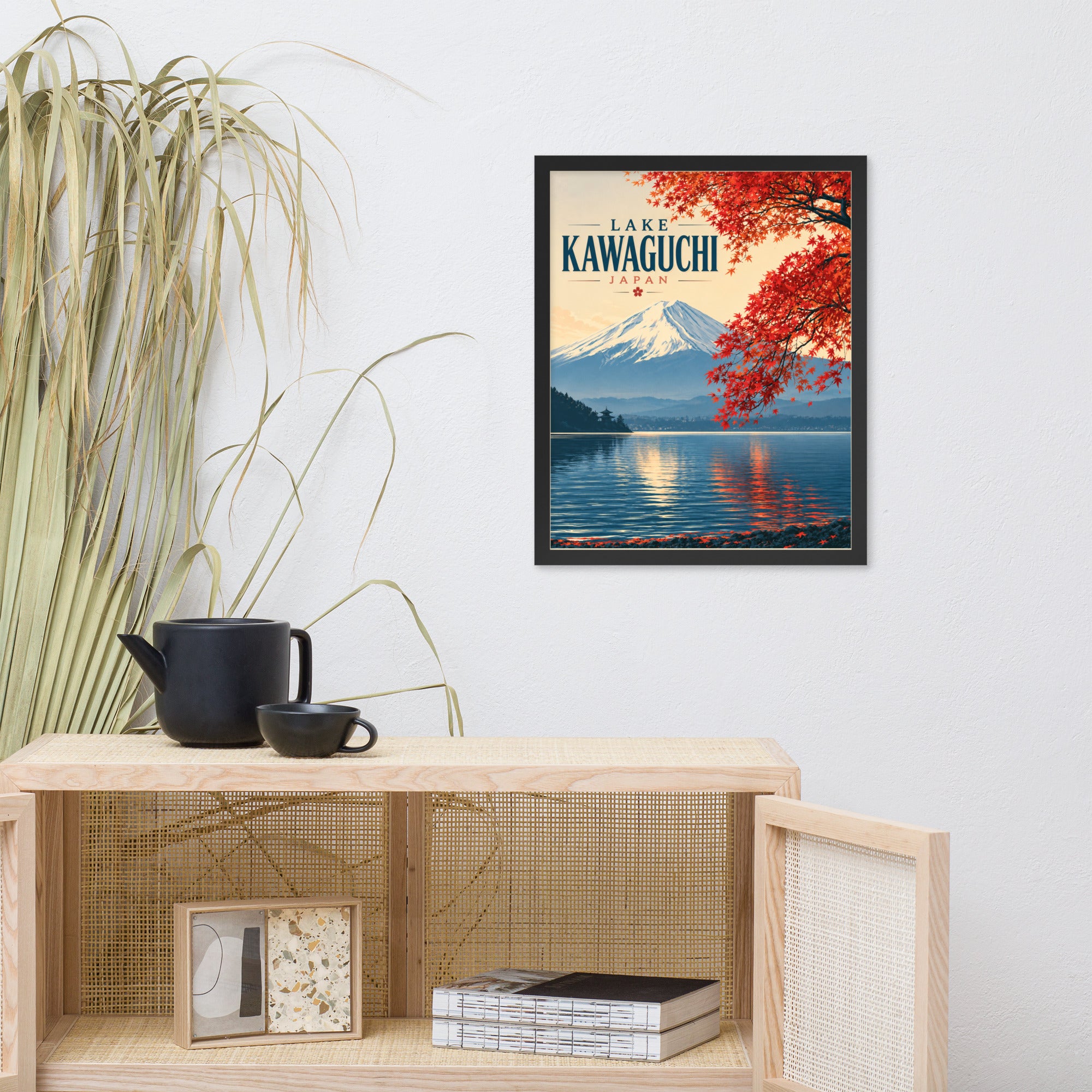 Mount Fuji wall art in a black 16″ × 20″ frame: snow-capped Fuji across blue Lake Kawaguchi under red autumn maple leaves