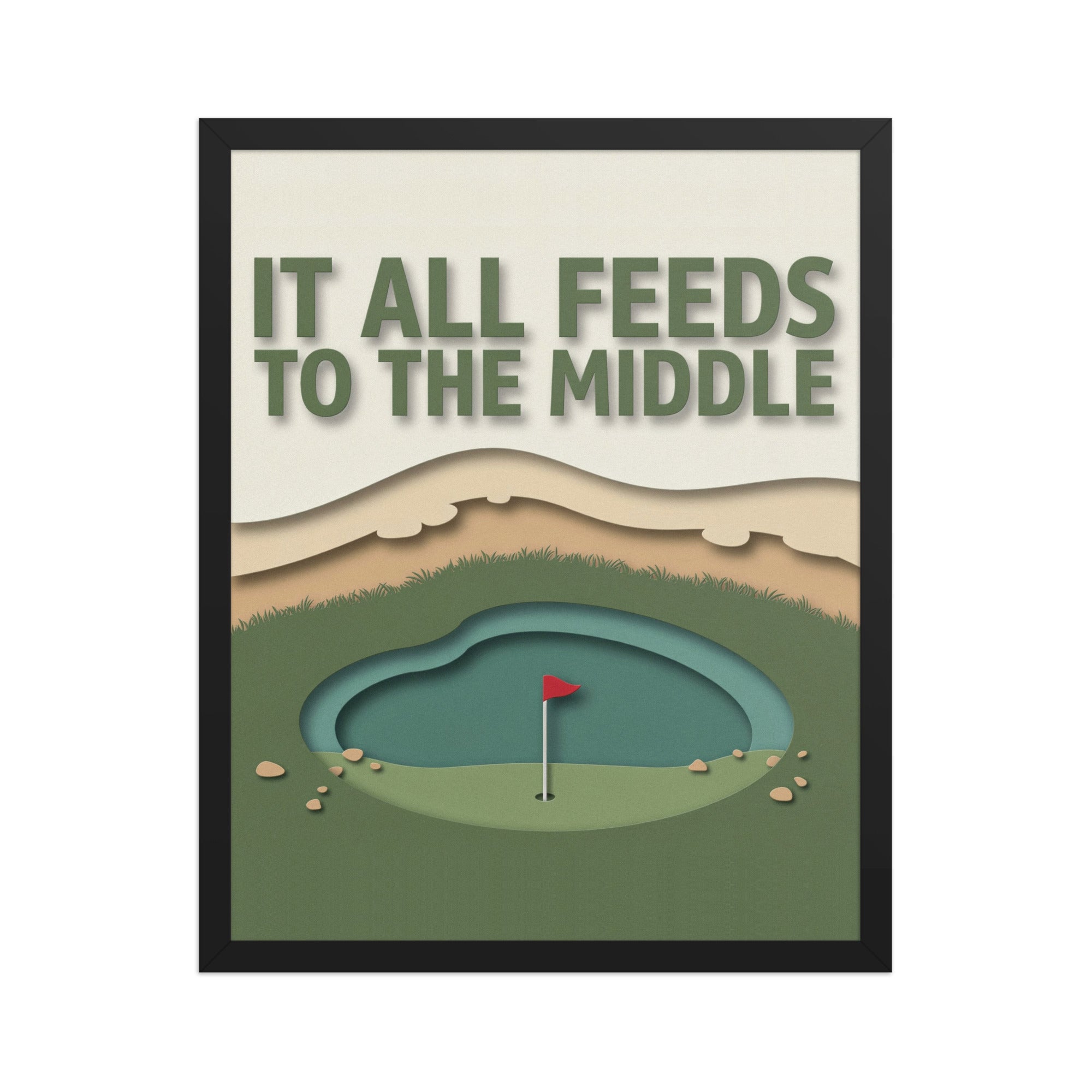 16″×20″ framed golf art, front view: green lettering above a paper-cut bowl green with a red flag