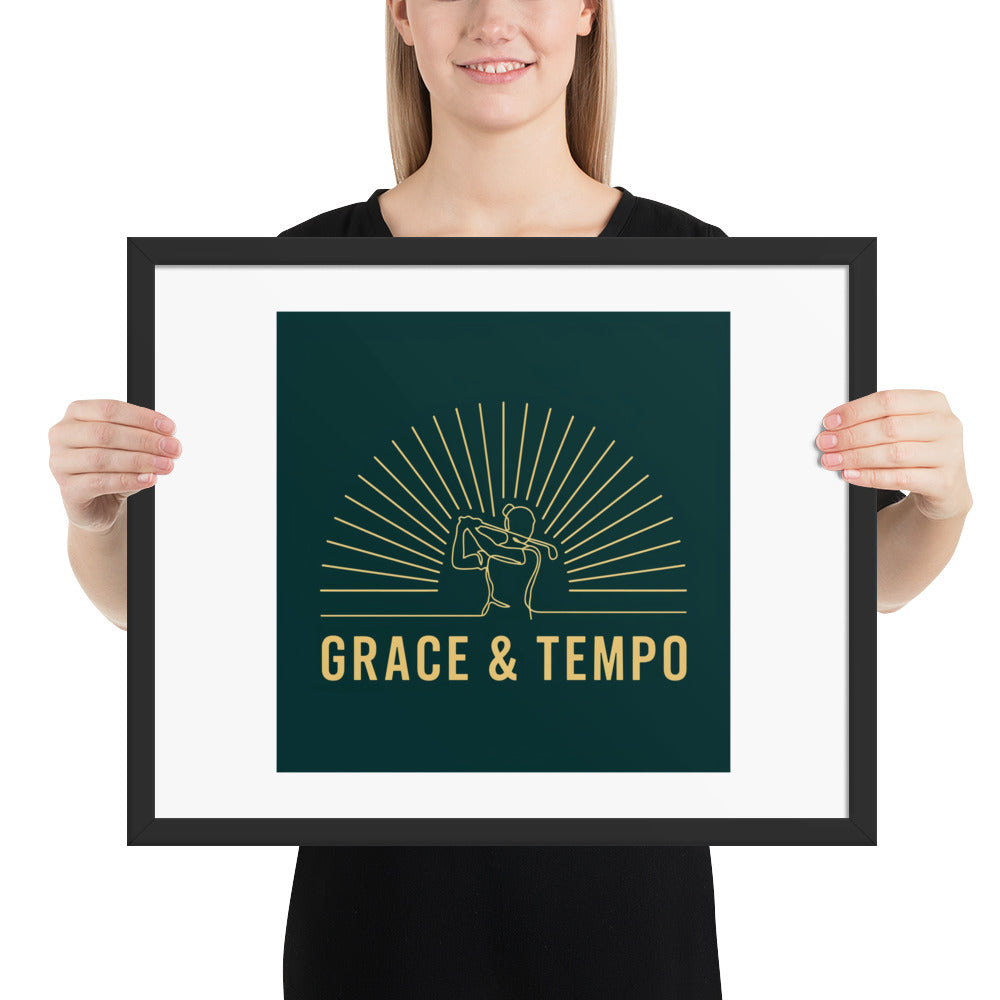 Person holding The Swing Grace and Tempo framed golf print to show the 16 by 20 inch scale and slim black frame