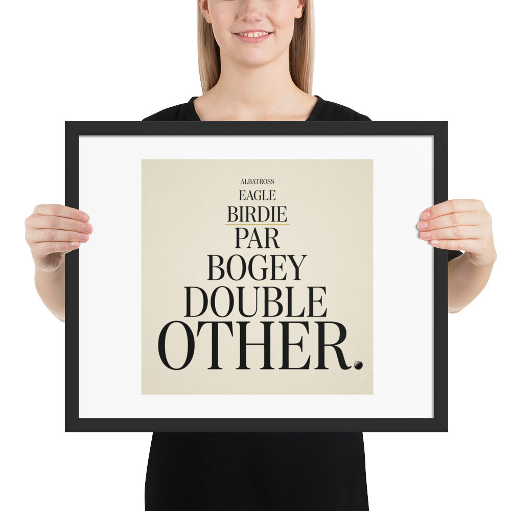 Person holding The Score Ladder framed golf typography print to show the real 16 by 20 inch size