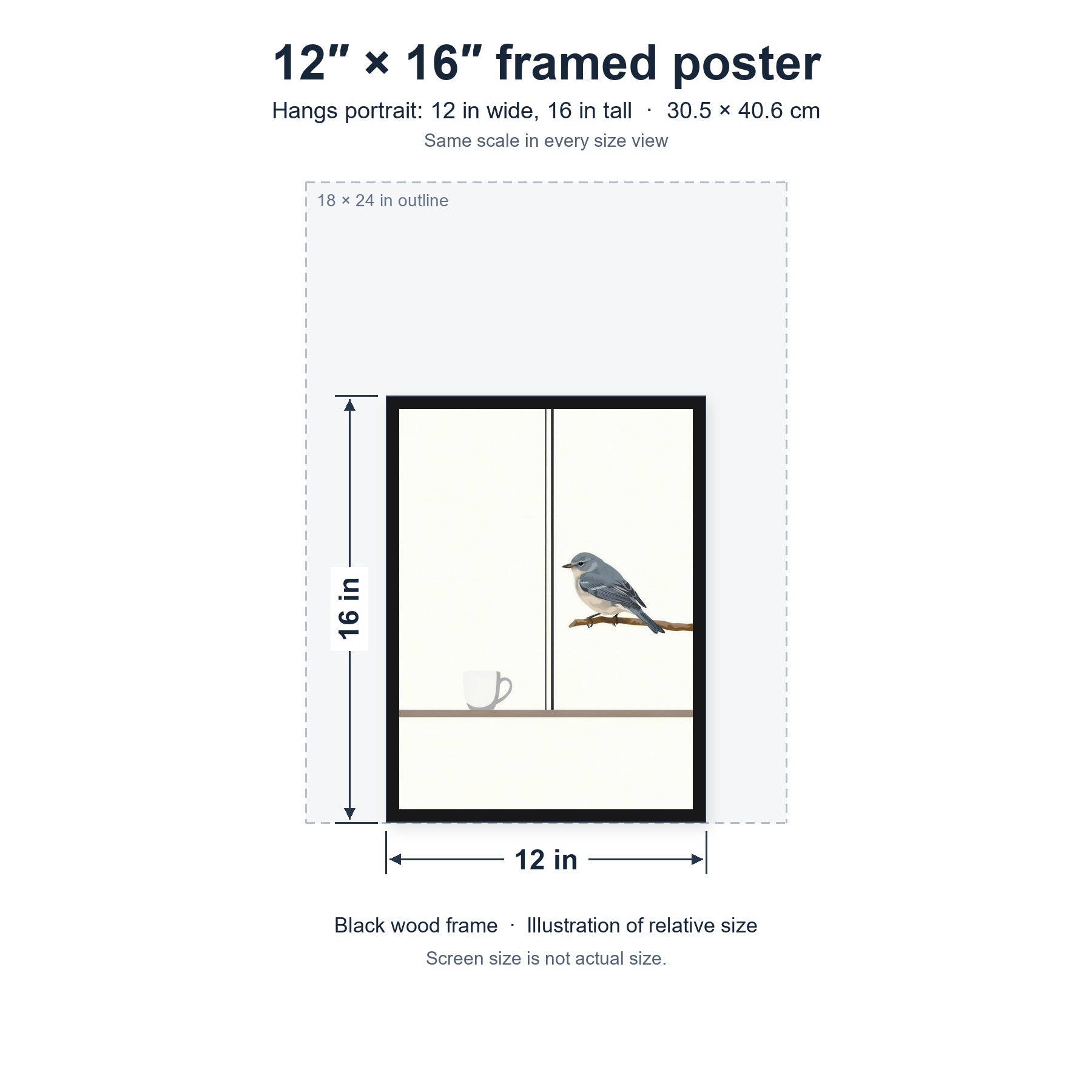 First Light, Familiar Wings framed poster, 12 in by 16 in (30.5 × 40.6 cm), hung portrait; relative-size view on the same scale as the other size options.