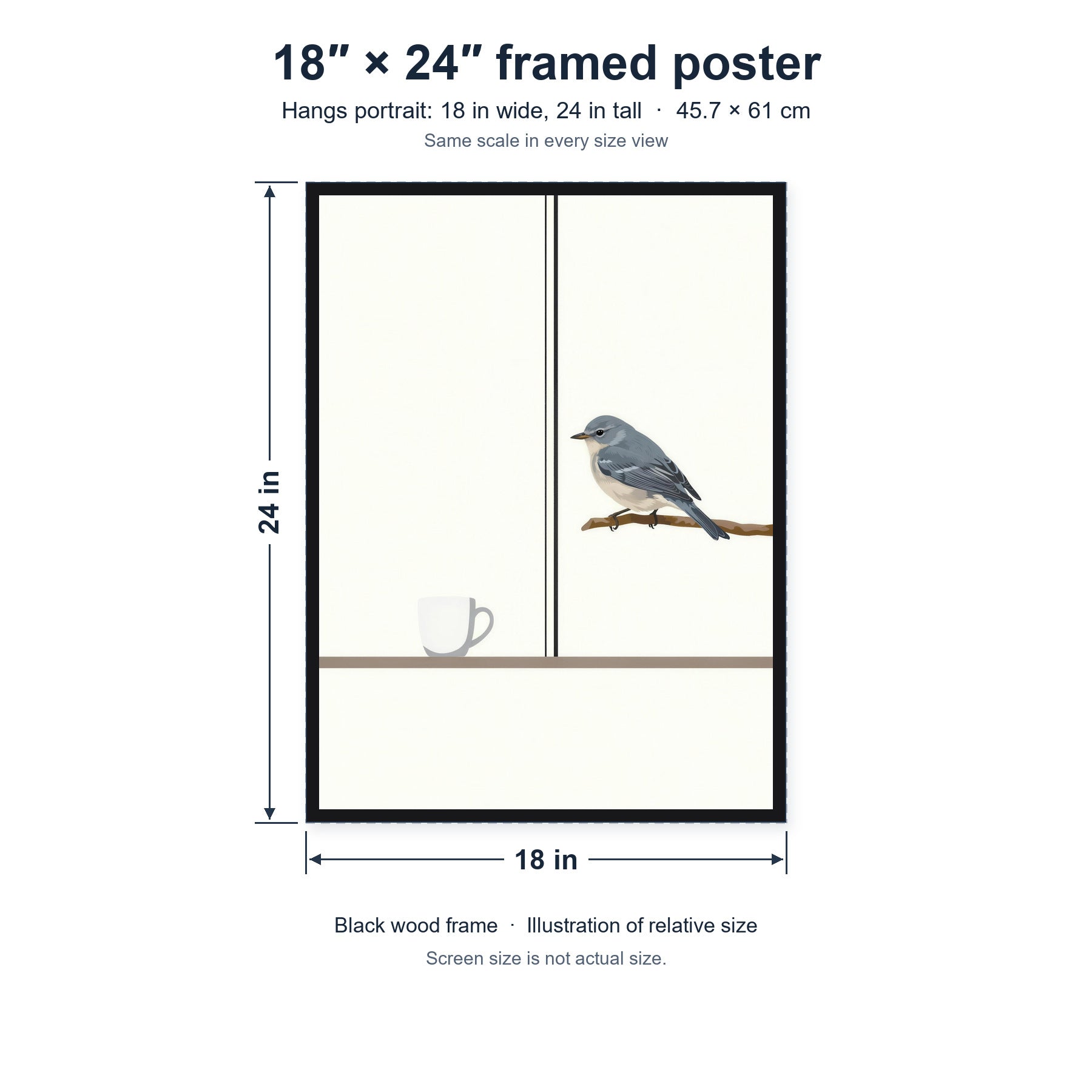 First Light, Familiar Wings framed poster, 18 in by 24 in (45.7 × 61 cm), hung portrait; relative-size view on the same scale as the other size options.