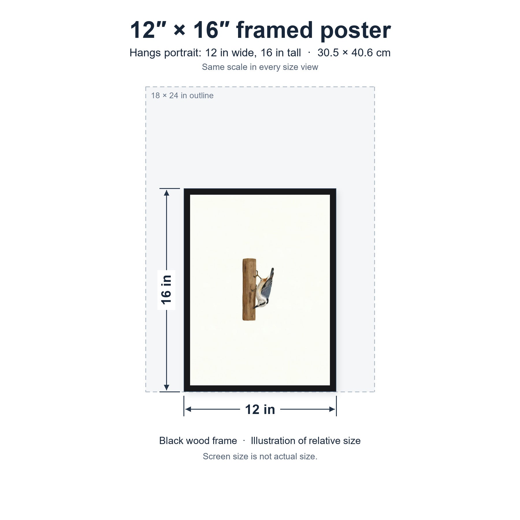 A Different Way Down framed poster, 12 in by 16 in (30.5 × 40.6 cm), hung portrait; relative-size view on the same scale as the other size options.