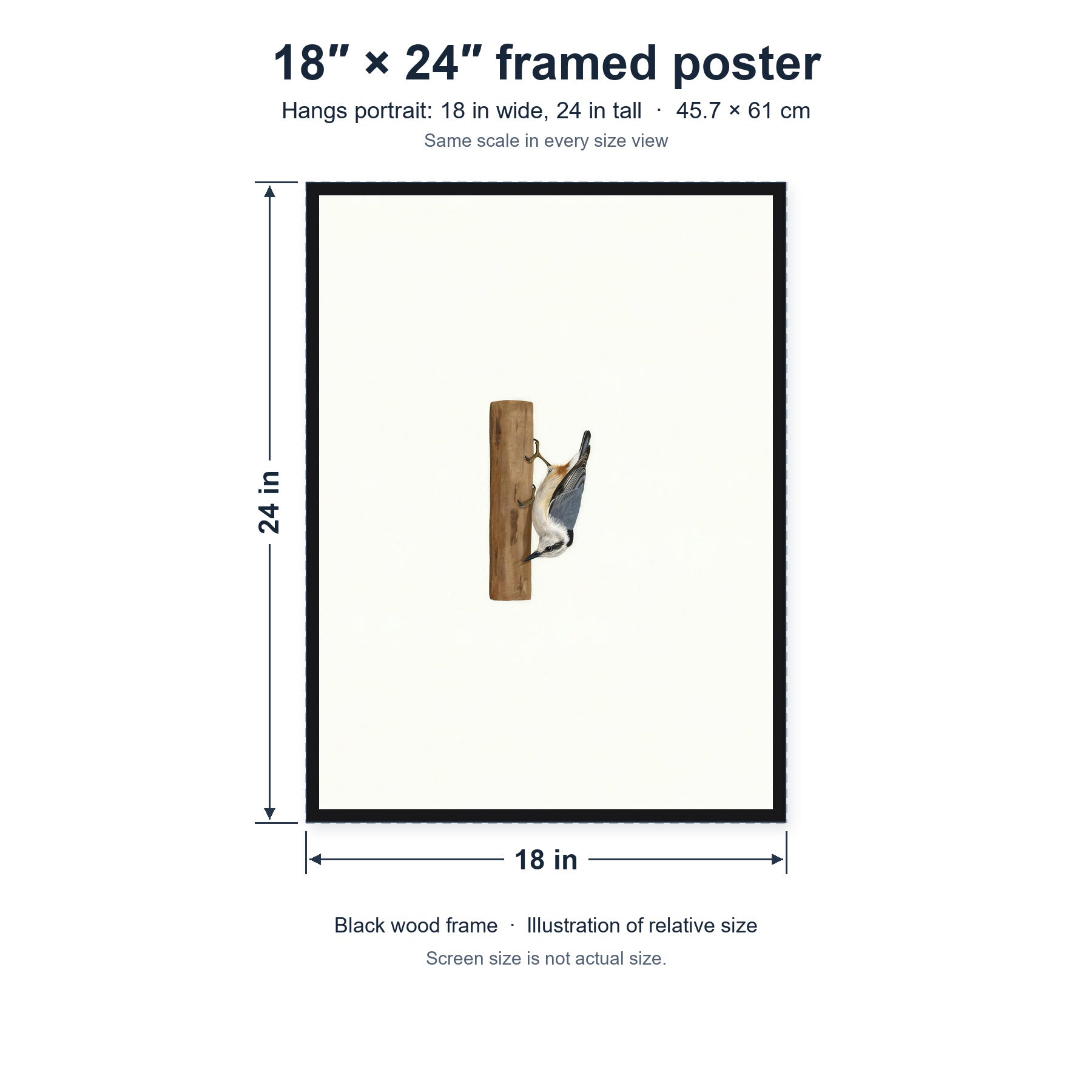 A Different Way Down framed poster, 18 in by 24 in (45.7 × 61 cm), hung portrait; relative-size view on the same scale as the other size options.