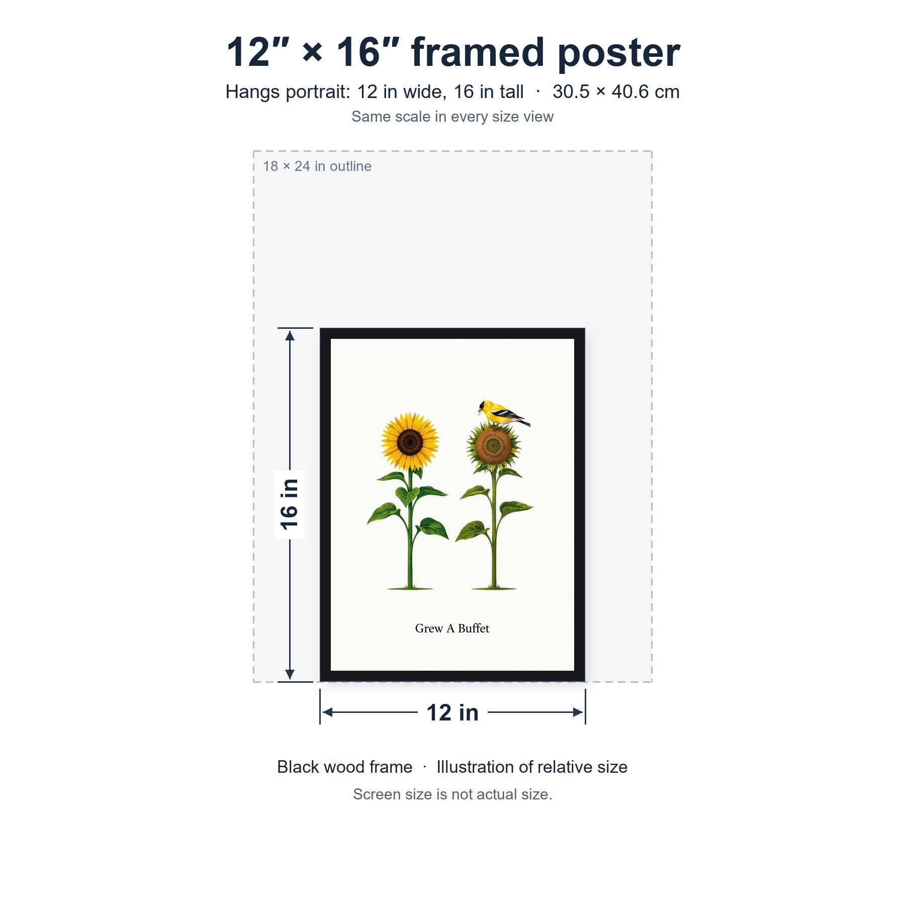 Grew A Buffet framed poster, 12 in by 16 in (30.5 × 40.6 cm), hung portrait; relative-size view on the same scale as the other size options.